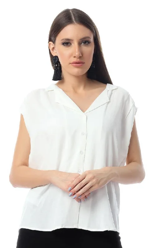 54421 Plain V-Neck Sleeveless Buttoned Off-White Shirt