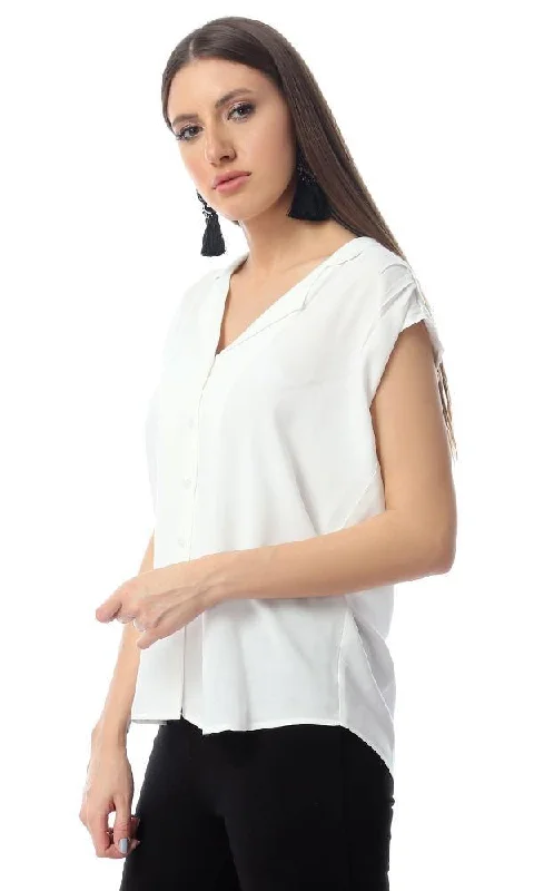 54421 Plain V-Neck Sleeveless Buttoned Off-White Shirt