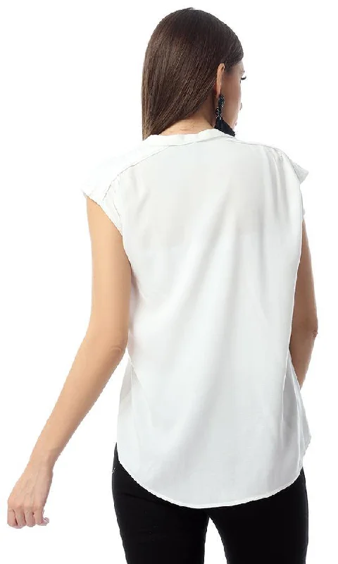 54421 Plain V-Neck Sleeveless Buttoned Off-White Shirt