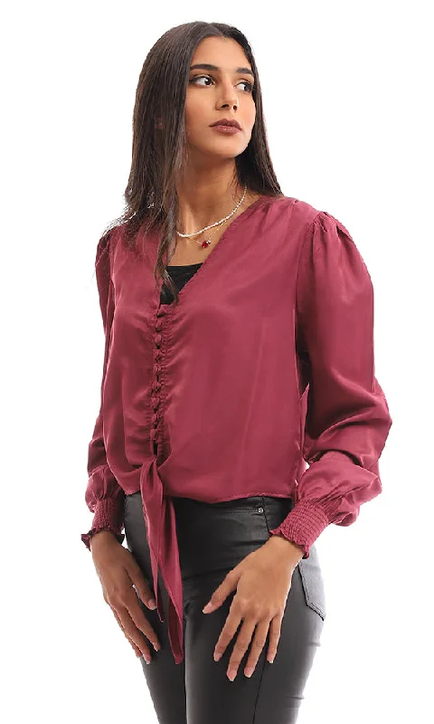 95364 Rayon Elastic Cuff Buttoned Blouse - Dark Purple