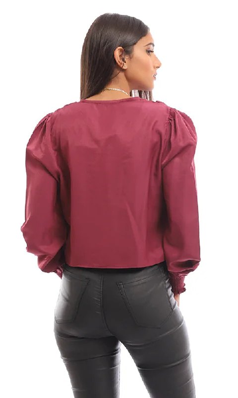 95364 Rayon Elastic Cuff Buttoned Blouse - Dark Purple