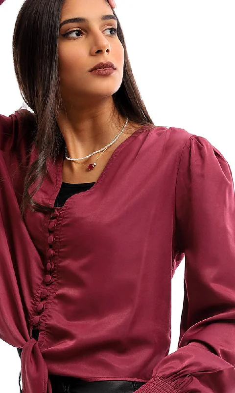 95364 Rayon Elastic Cuff Buttoned Blouse - Dark Purple