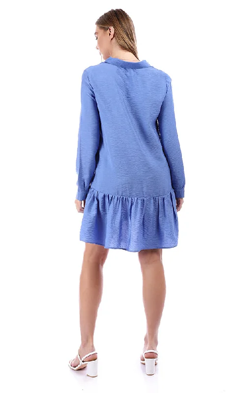 95420 Slub Long Sleeves Polyester Down Buttoned Dress - Blue