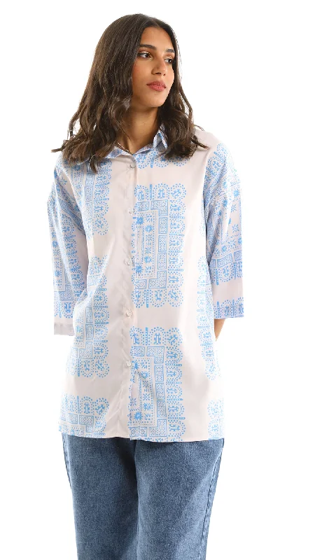 97212 3/4 Wide Sleeves Patterned White & Light Blue Shirt