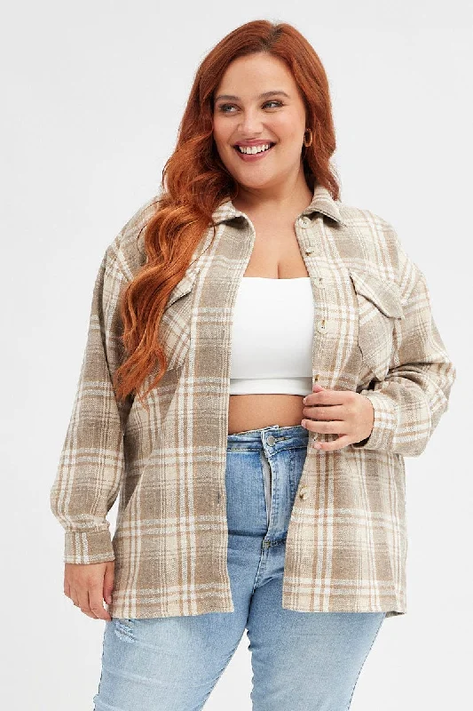 Beige Check Relaxed Shirt Long Sleeve