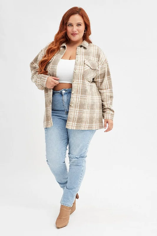 Beige Check Relaxed Shirt Long Sleeve