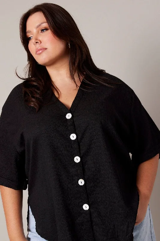 Black Relaxed Shirt Short Sleeve Textured