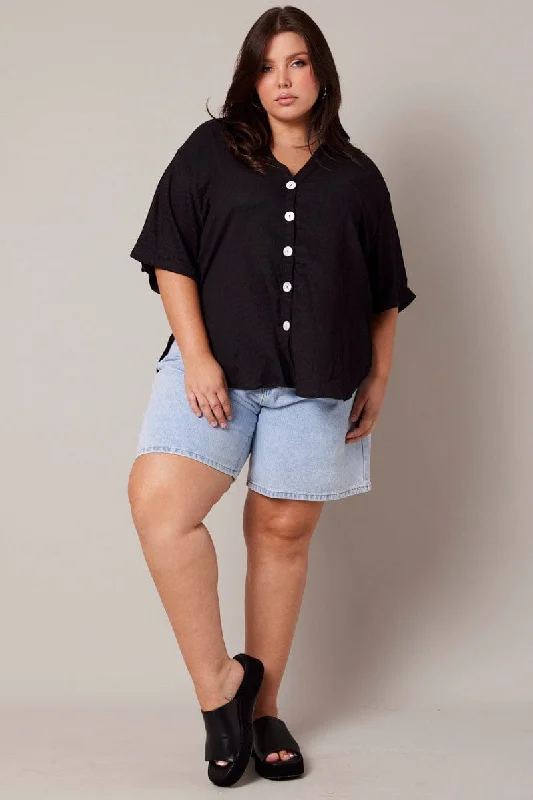 Black Relaxed Shirt Short Sleeve Textured