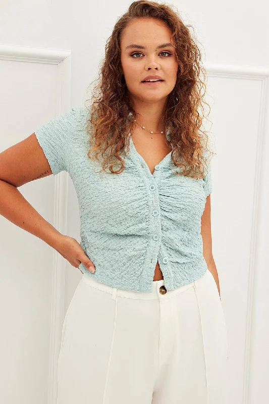 Blue Cropped Shirt Button Bubble Lace