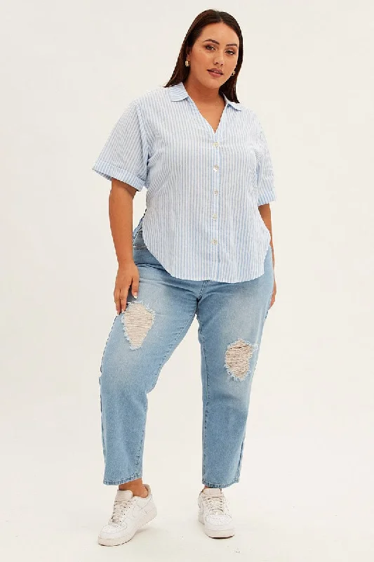 Blue Stripe Relaxed Shirt Short Sleeve V-neck Button Up