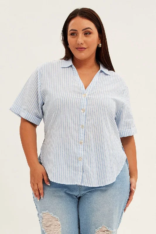 Blue Stripe Relaxed Shirt Short Sleeve V-neck Button Up