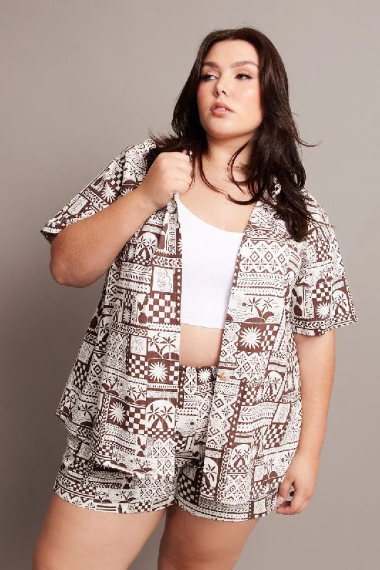 Brown Abstract Relaxed Shirt Short Sleeve