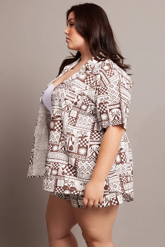 Brown Abstract Relaxed Shirt Short Sleeve