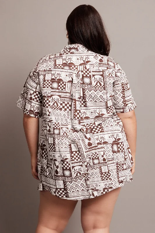 Brown Abstract Relaxed Shirt Short Sleeve