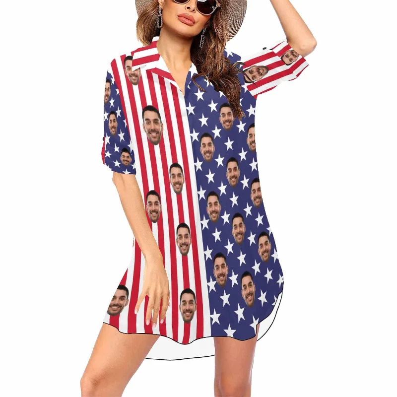 Custom Face Flag Vertical Stripes Chiffon Shirt Dress Thin Cover Up Personalized Women's V-Neck Bikini Beach Tunic Top