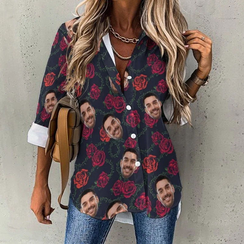 Personalized Face Hawaiian Shirt for Women Custom Red Rose Women's Cropped Hem Shirt Casual Long Sleeve Hawaiian Shirts