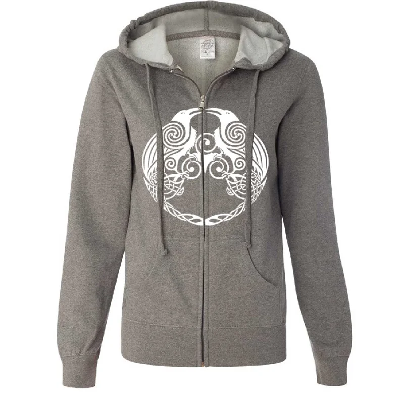 Dual Raven White Print Ladies Zip-Up Hoodie