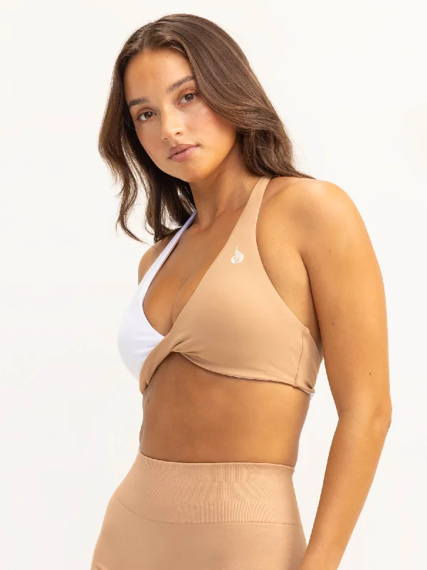 Duo Halter Twist Sports Bra - White/Tan