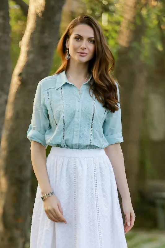 Elegant in Mint Feminine All Cotton Mint Green Blouse from India