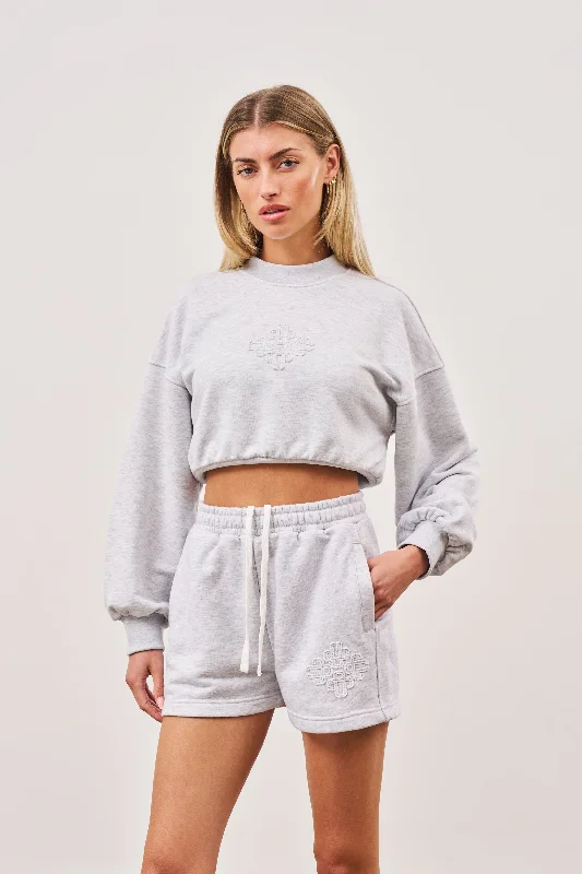 EMBLEM CROP RUCHED SWEATSHIRT - GREY MARL