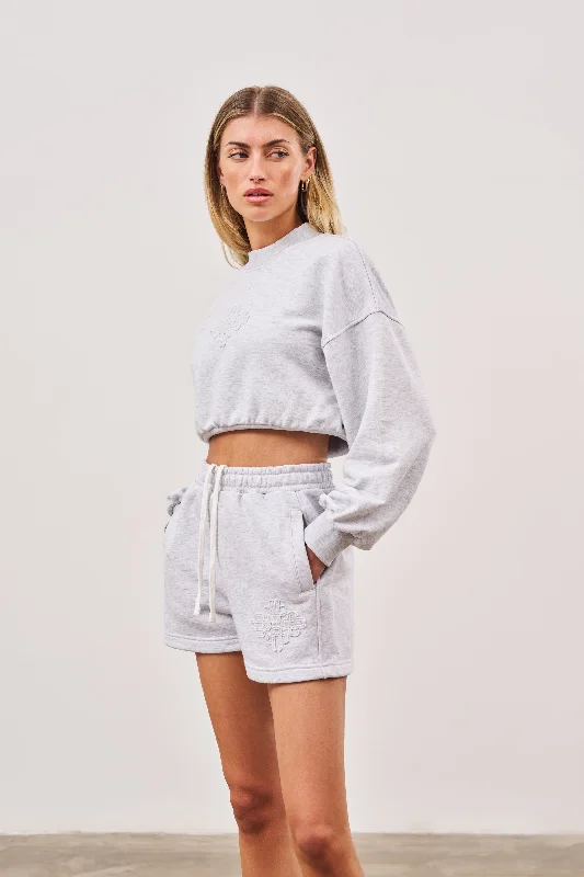 EMBLEM CROP RUCHED SWEATSHIRT - GREY MARL