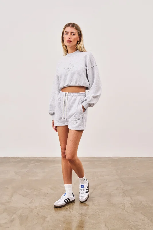 EMBLEM CROP RUCHED SWEATSHIRT - GREY MARL