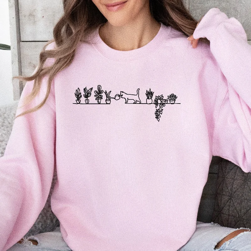 Embroidered Cat Watering Plants Sweatshirt - The Perfect Gift for Cat Owners and Plant Lovers, ES009