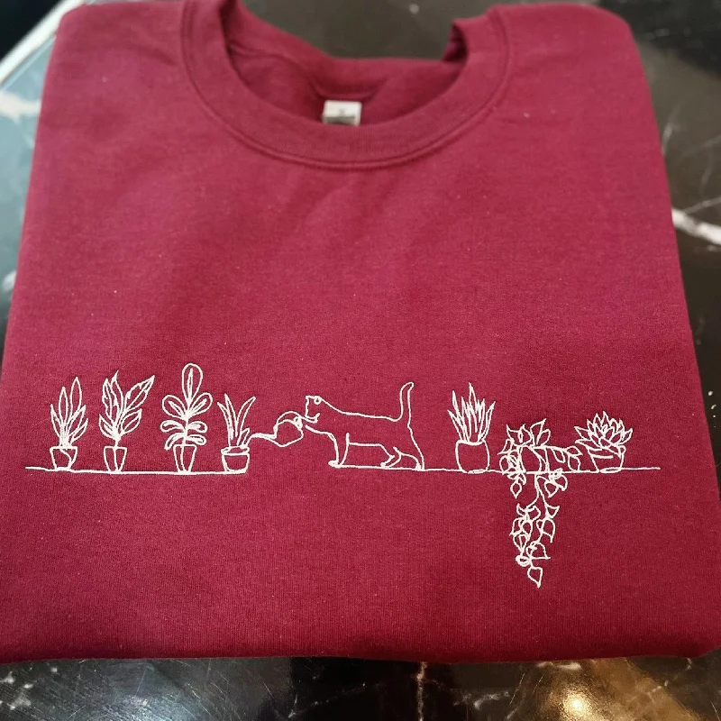 Embroidered Cat Watering Plants Sweatshirt - The Perfect Gift for Cat Owners and Plant Lovers, ES009