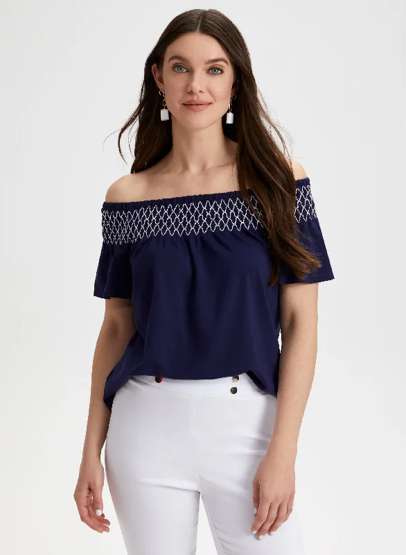 Embroidered Off-the-Shoulder Tee