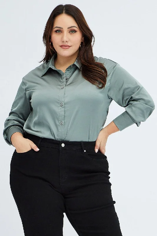 Green Relaxed Shirt Long Sleeve Satin