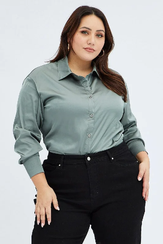 Green Relaxed Shirt Long Sleeve Satin