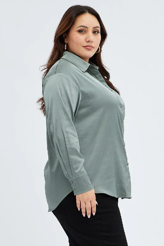 Green Relaxed Shirt Long Sleeve Satin