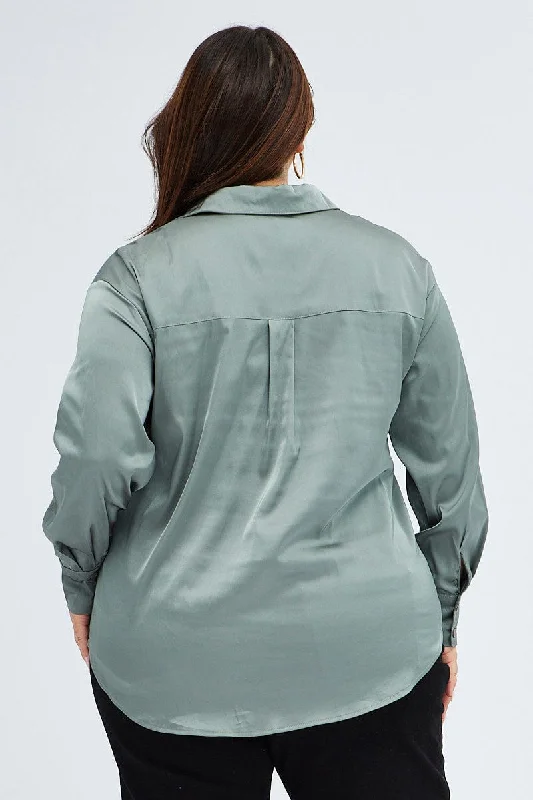 Green Relaxed Shirt Long Sleeve Satin