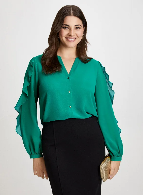 Split Neck Ruffle Sleeve Blouse