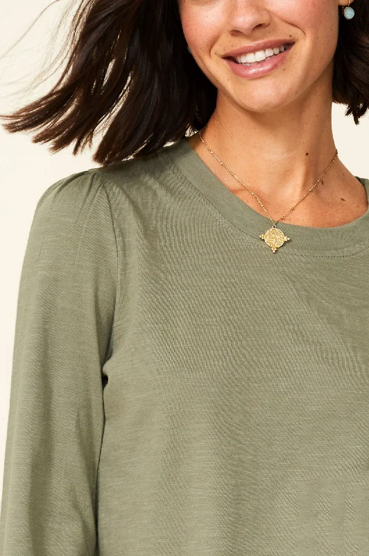 Long Sleeve Puff Shoulder T-Shirt | Khaki