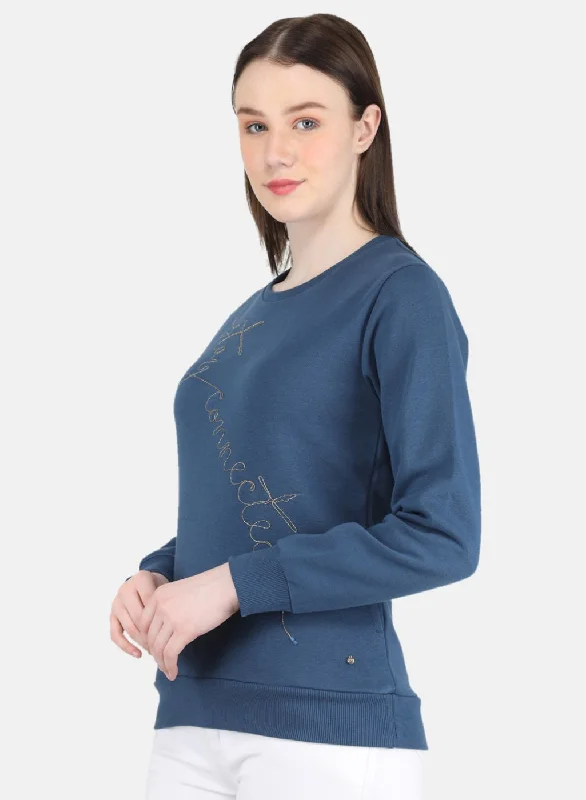 Women Blue Embroidered Sweatshirt