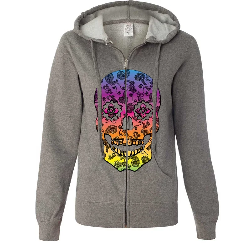 Neon Paisley Print Sugar Skull Ladies Zip-Up Hoodie