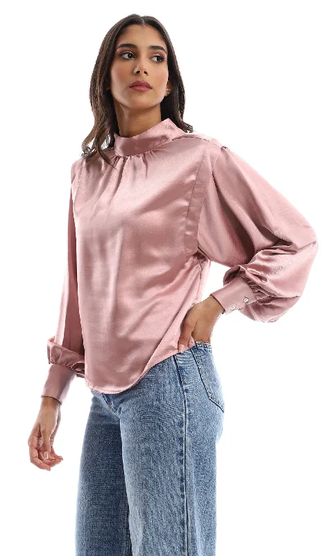 O150973 Mock Neck Cashmere Blouse With Balloon Sleeves