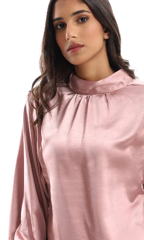 O150973 Mock Neck Cashmere Blouse With Balloon Sleeves