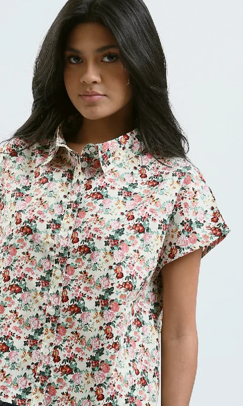 O183096 Short Sleeves Floral Shirt With Classic Collar - Multicolour