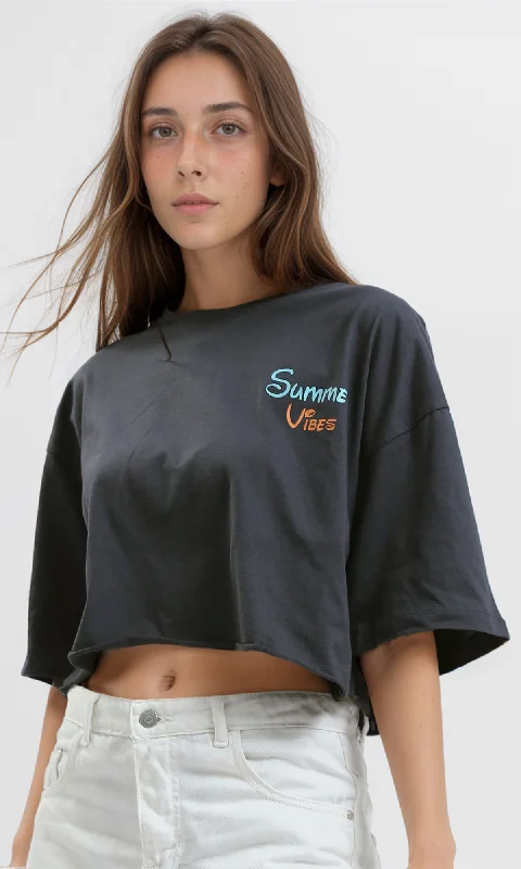 O189265 Printed ""Summer Vibes"" Cotton Dark Grey Cropped Tee