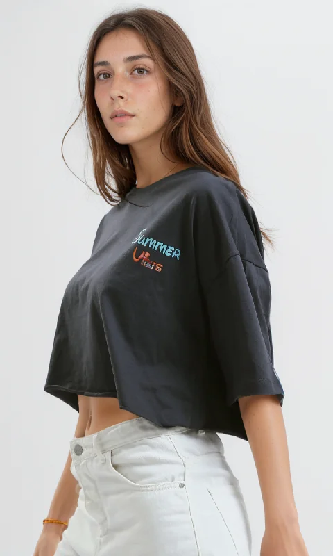 O189265 Printed ""Summer Vibes"" Cotton Dark Grey Cropped Tee