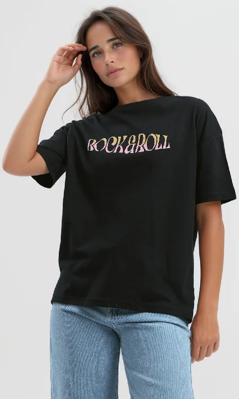 O191666 Short-Sleeves Printed Slip-On Black Tee