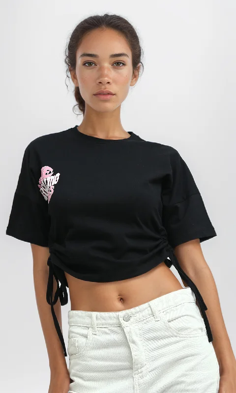 O197610 Drawstring Black Elbow Sleeves Printed Short Tee