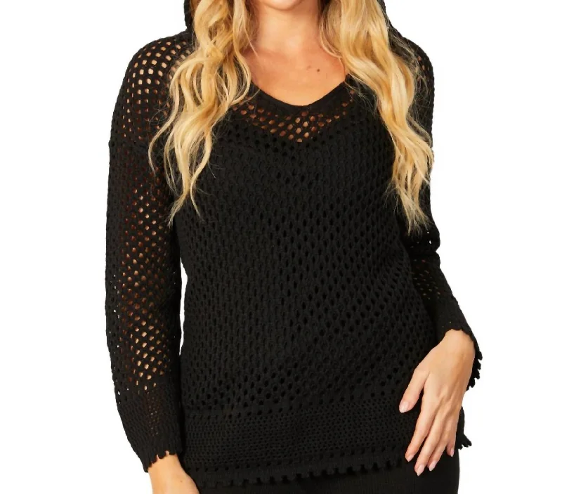 V-Neck Crochet Hoodie In Black