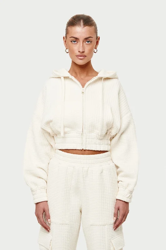 WAFFLE CROPPED ZIP THROUGH CROPPED HOODIE - CREAM