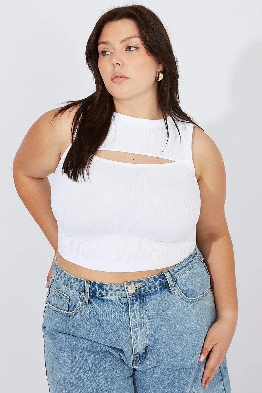 White Cut Out Tank Top Crew Neck Seamless