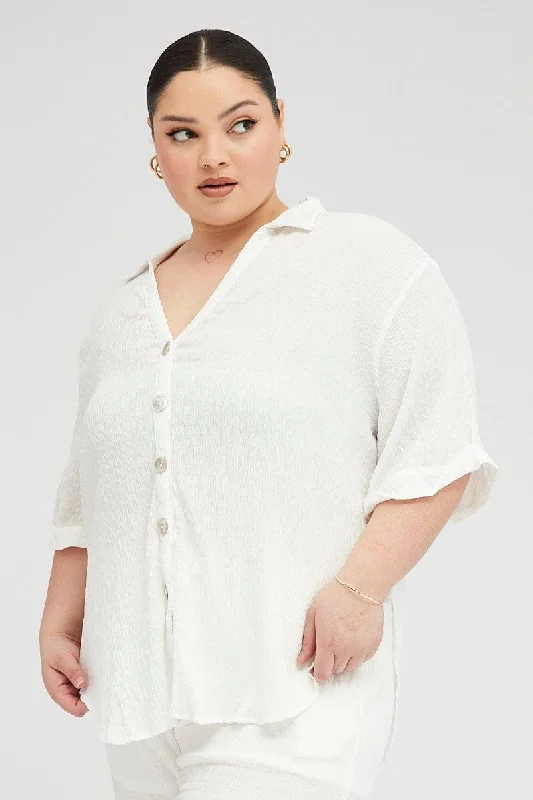 White Relaxed Shirt Short Sleeve Textured