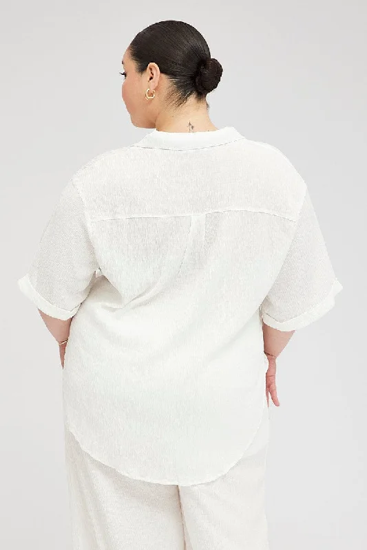 White Relaxed Shirt Short Sleeve Textured