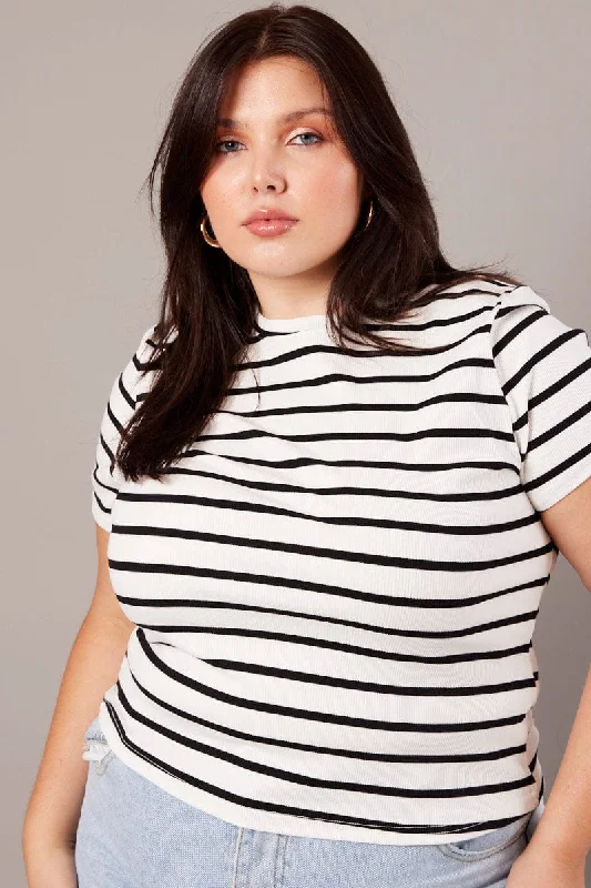 White Stripe T-shirt Short Sleeve Crew Neck